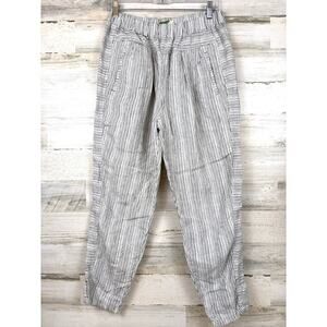 Anthropologie Womens S Blue White Stripe 100 % Linen Pull On Casual Ankle Pants